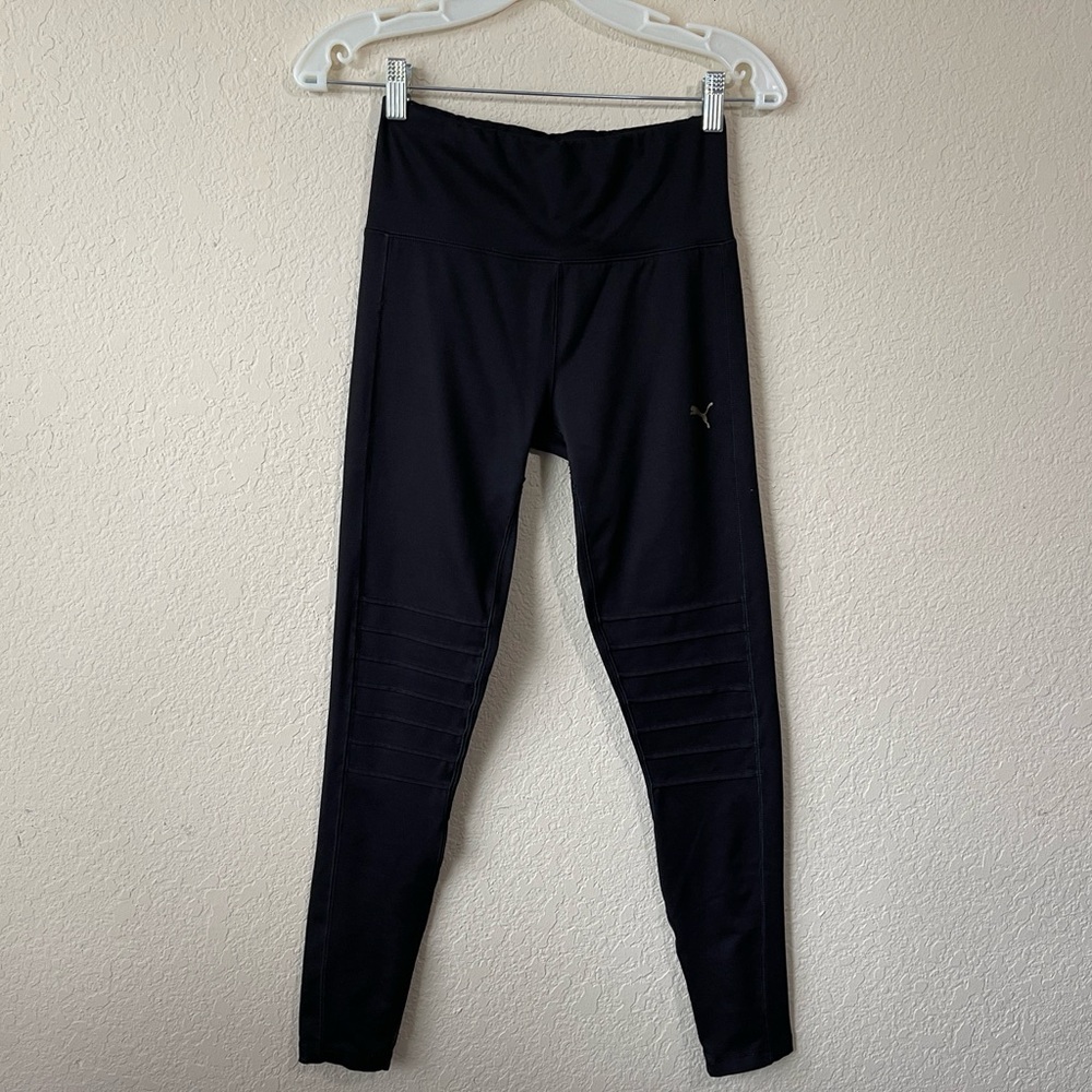 Sold!Puma Women's Small Leggings Solid Black Long Pants Yoga Gold Logo Mesh